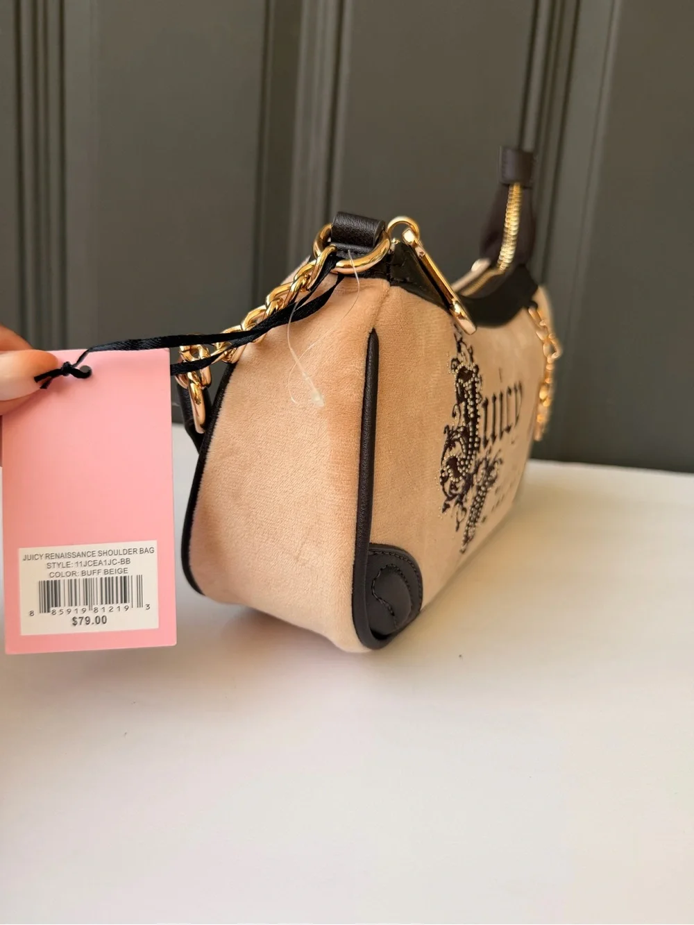 Juicy Couture Beige Suede Shoulder Bag with Black Trim and Gold Charm
